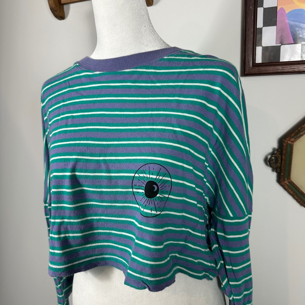 Urban Outfitters Upcycled Purple and Teal Striped Cropped Long Sleeve Top - Picture 3 of 7